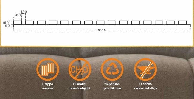 Akustiikkarimaseinäpaneeli 600x24x2440, väri valkolakattutammi/musta pohjahuopa. - Image 3